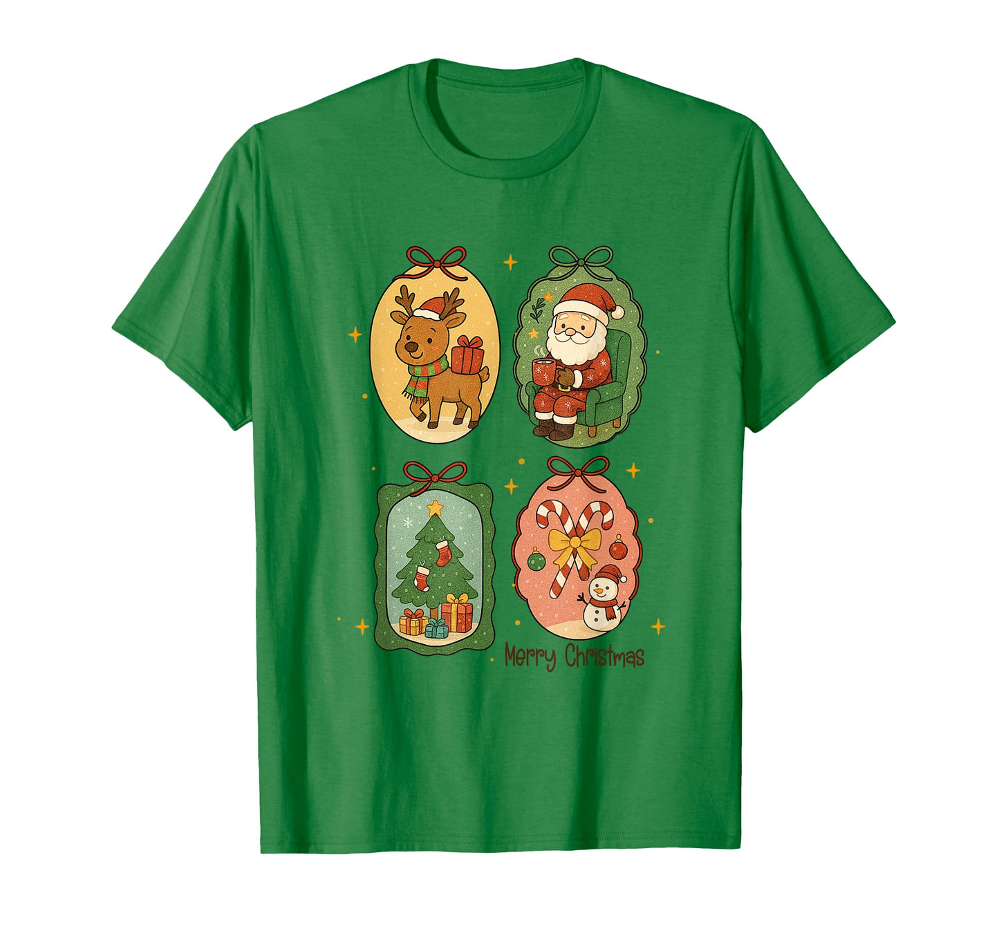 Retro Merry Christmas Frame Santa Reindeer Xmas Tree Candy T-Shirt