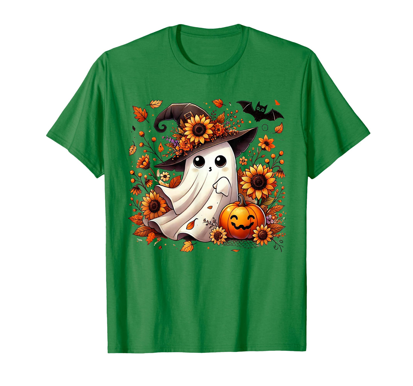 Cute Ghost with Sunflowers and Pumpkin Halloween T-Shirt