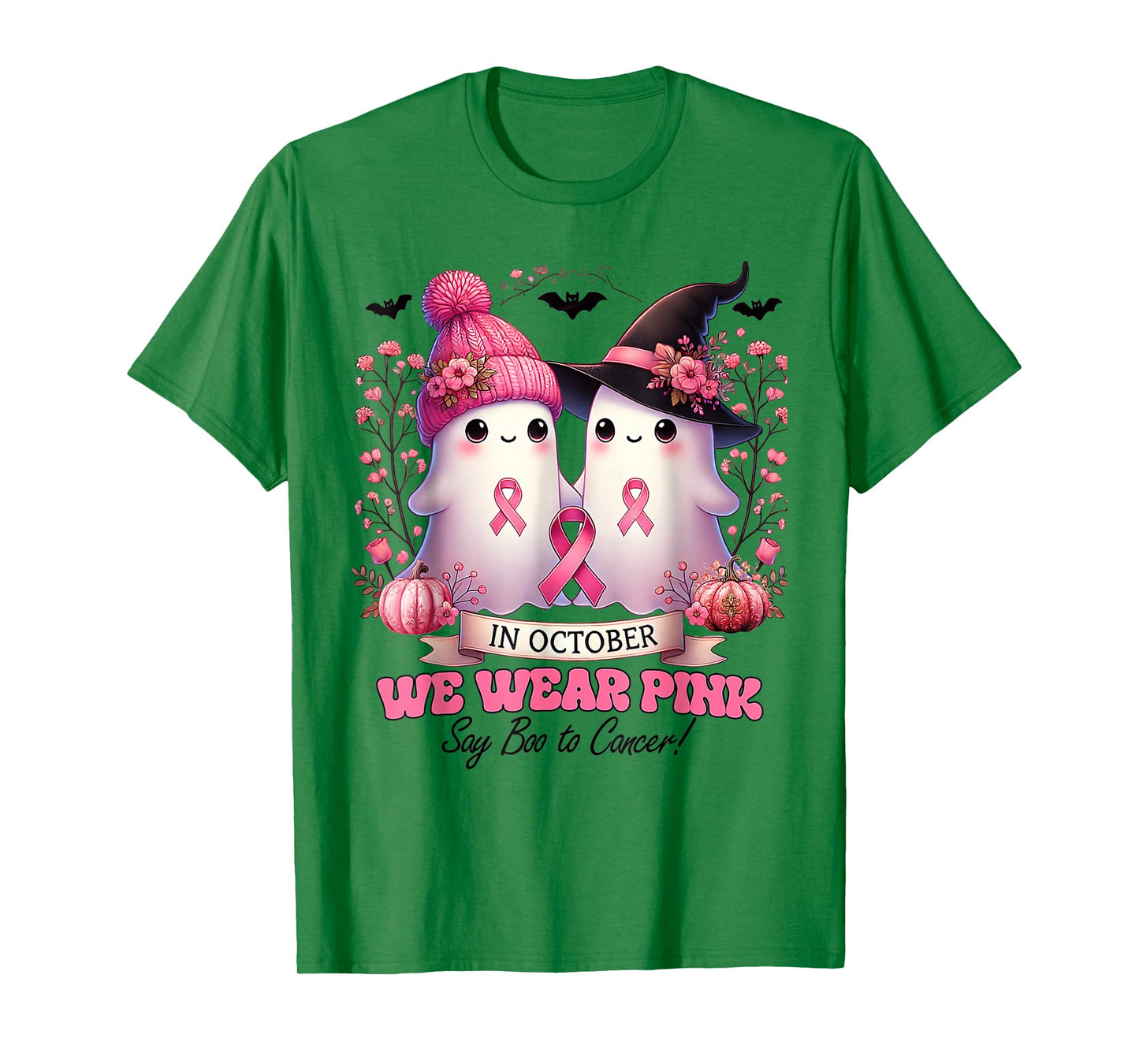 in October We Wear Pink Witch Ghost Pumpkin Breast Cancer T-Shirt