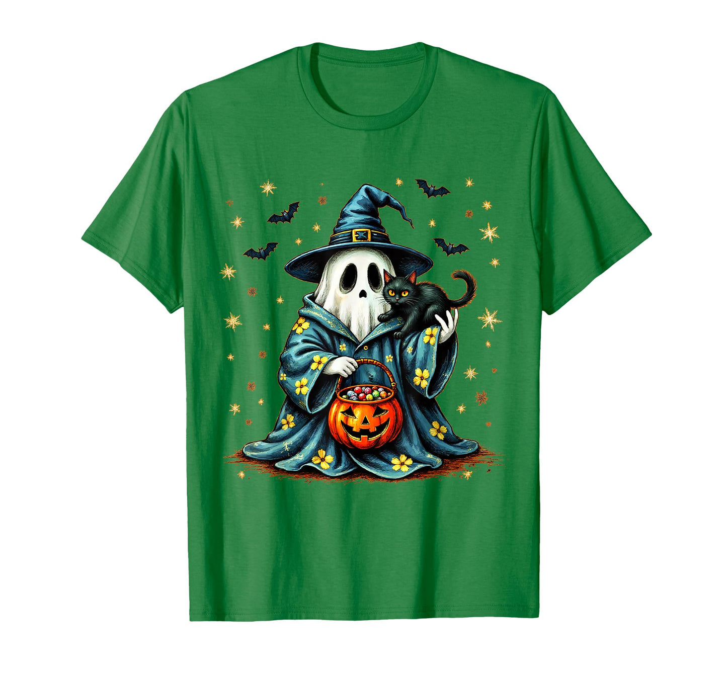 Halloween 2025 Ghost Holding Black Cat Groovy Floral Vintage T-Shirt