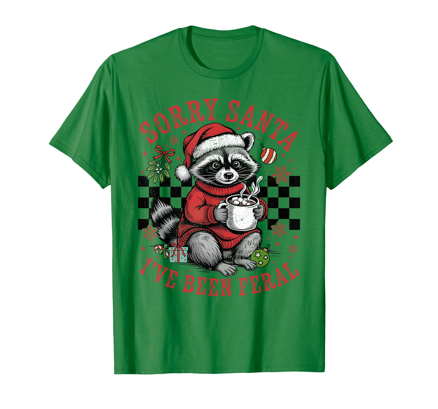 Cute Raccoon Sorry Santa I've Been Feral Santa Hat Christmas T-Shirt