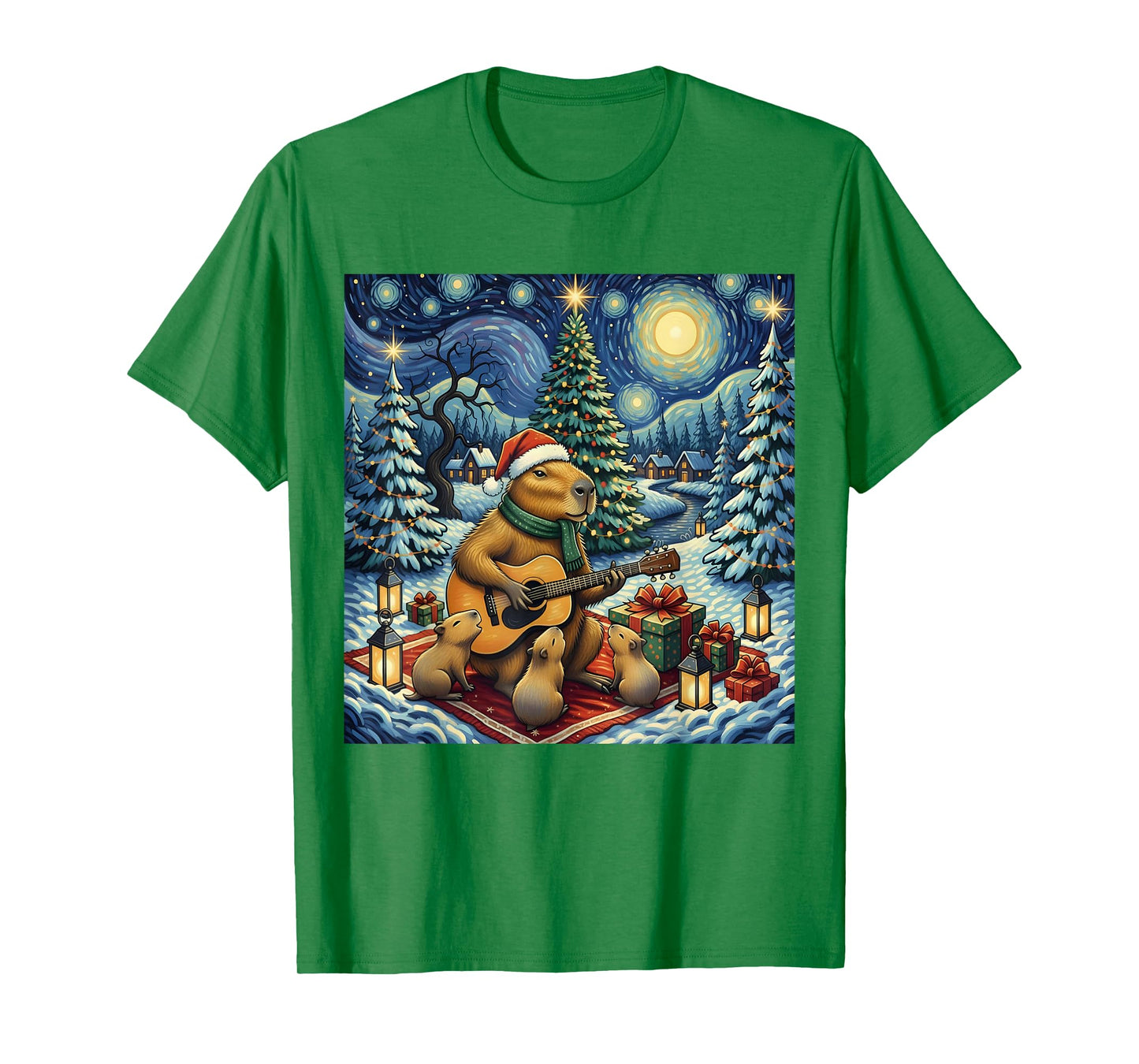 Capybara Playing The Guitar Van Gogh Style Christmas Themed T-Shirt