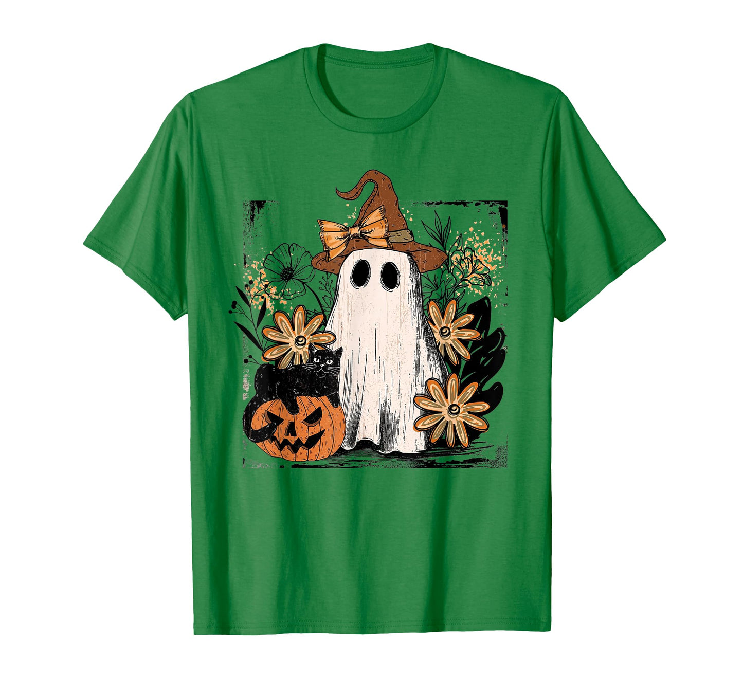 Retro Halloween Floral Ghost Witch Pumpkin & Black Cat T-Shirt