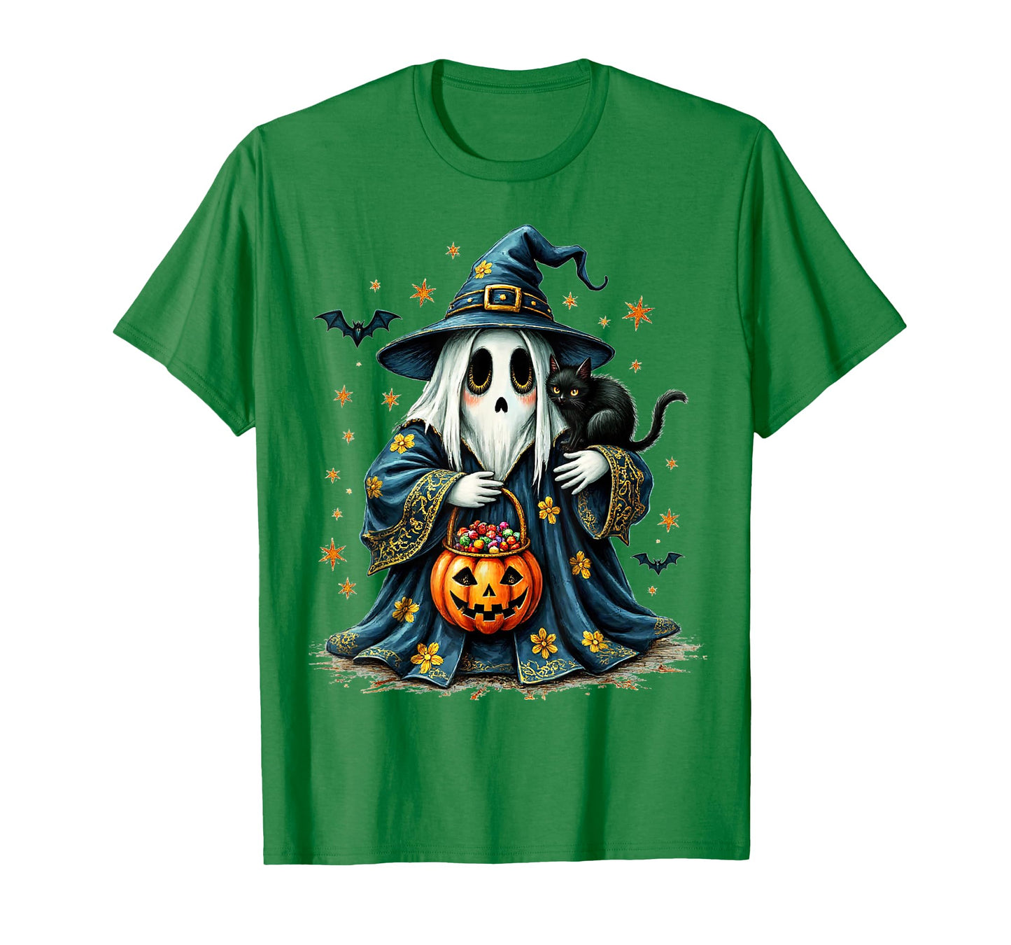 Ghost Holding Black Cat Lover Halloween 2025 Groovy Floral T-Shirt