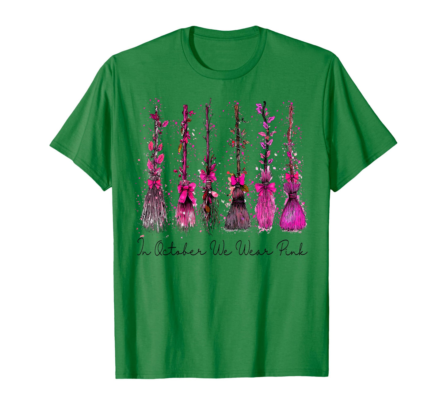 in October We Wear Pink Broom Witch Breast Cancer Halloween T-Shirt