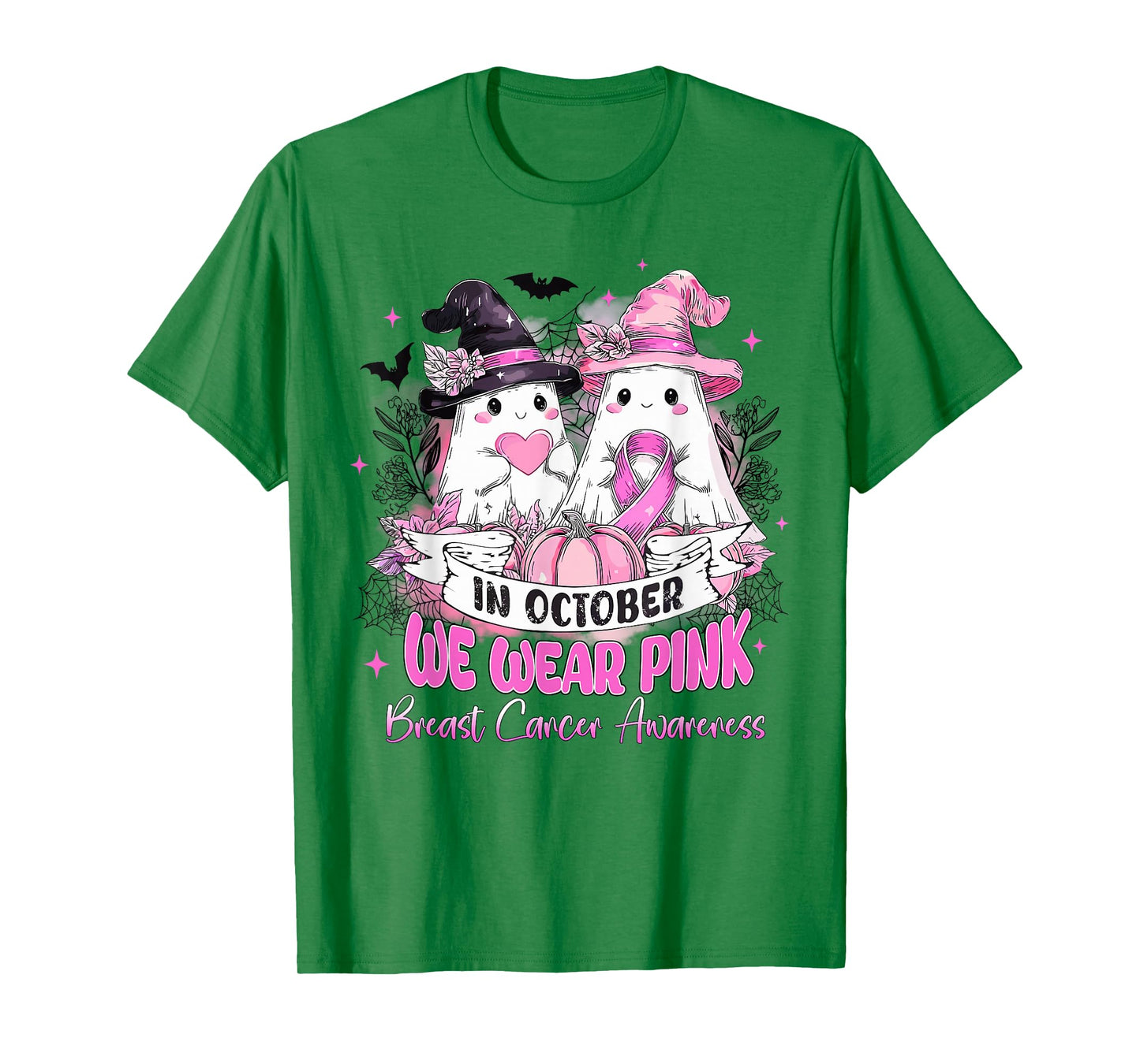 in October We Wear Pink Ghost Witch Breast Cancer Awareness T-Shirt