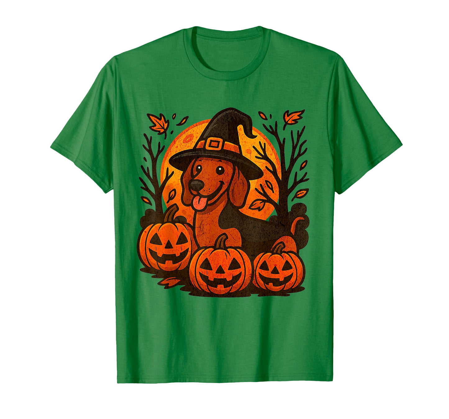 Halloween Dachshund Witch Hat Pumpkins Autumn Leaves T-Shirt