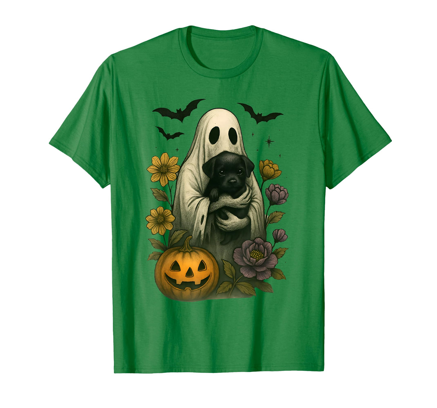 Floral Ghost Black Dog Coquette Funny Halloween Design T-Shirt