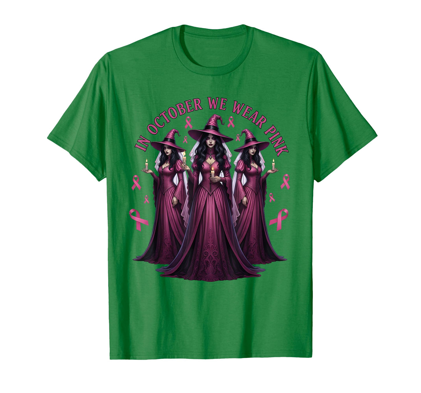 in October We Wear Pink Witch Breast Cancer Awareness Women T-Shirt