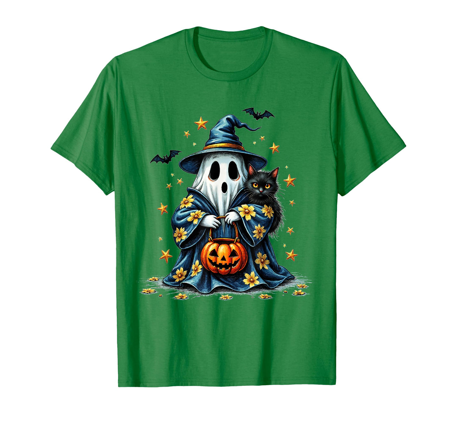 Ghost Holding Black Cat Lover Halloween 2025 Groovy Floral T-Shirt