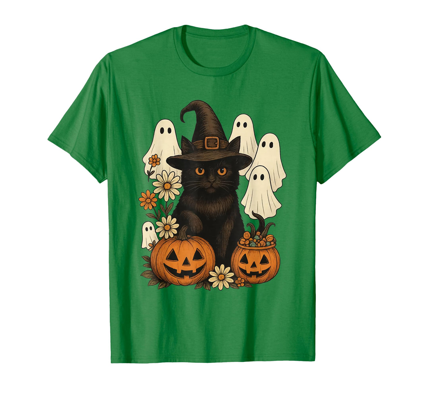 Retro Black Cat Witch Scary Halloween Pumpkin Women Men Kids T-Shirt