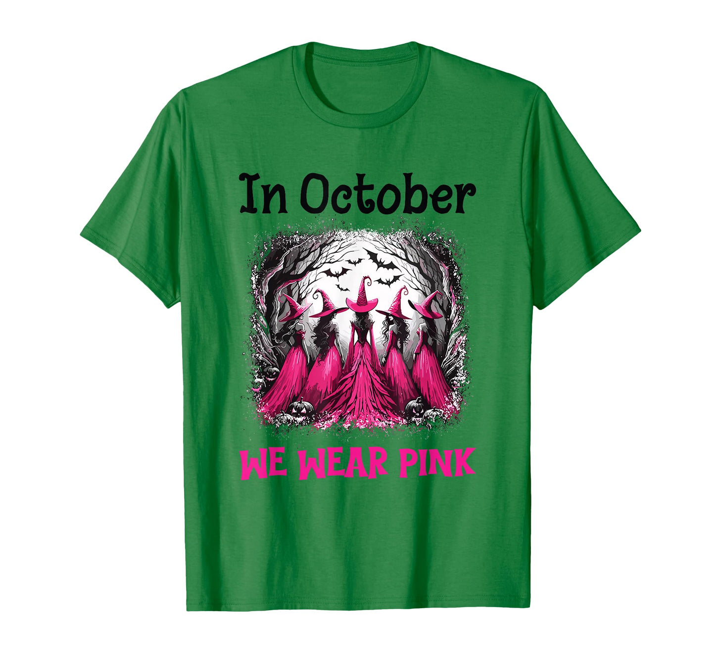 in October We Wear Pink Halloween Salem Witch Breast Cancer T-Shirt