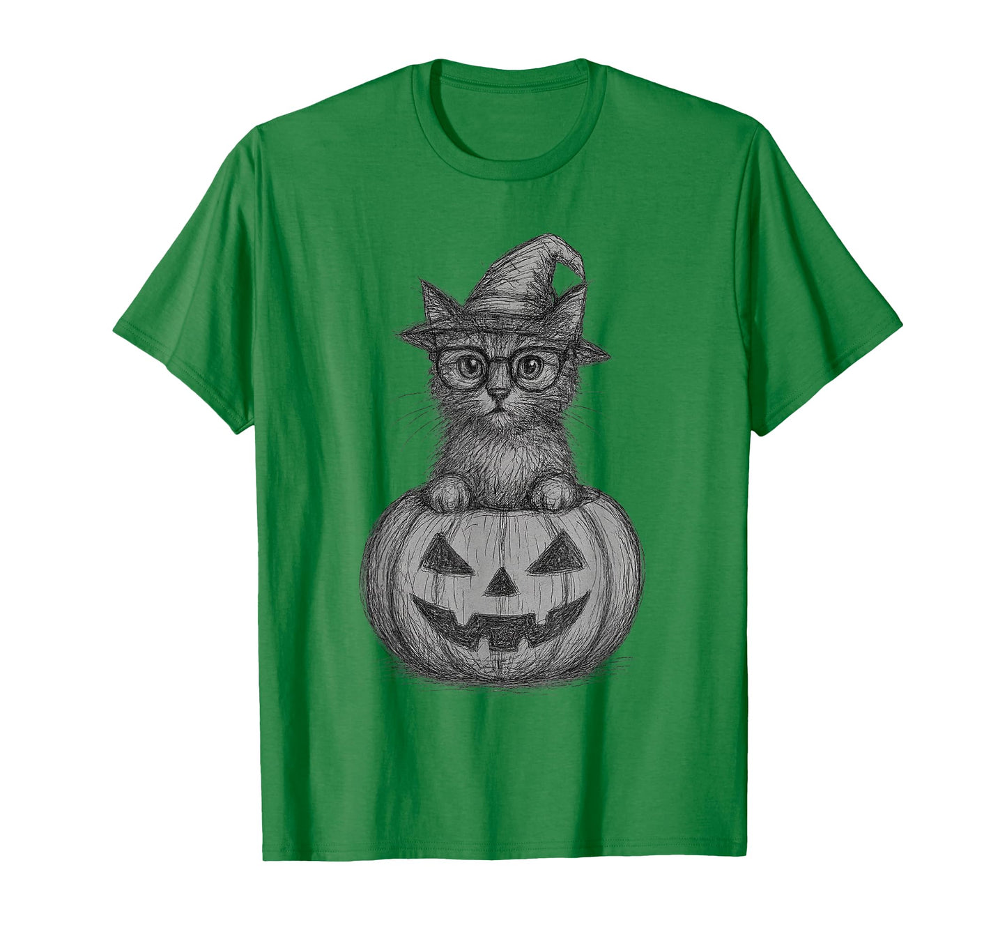 Abstract Scribble Halloween Cat in Pumpkin Witch Hat T-Shirt