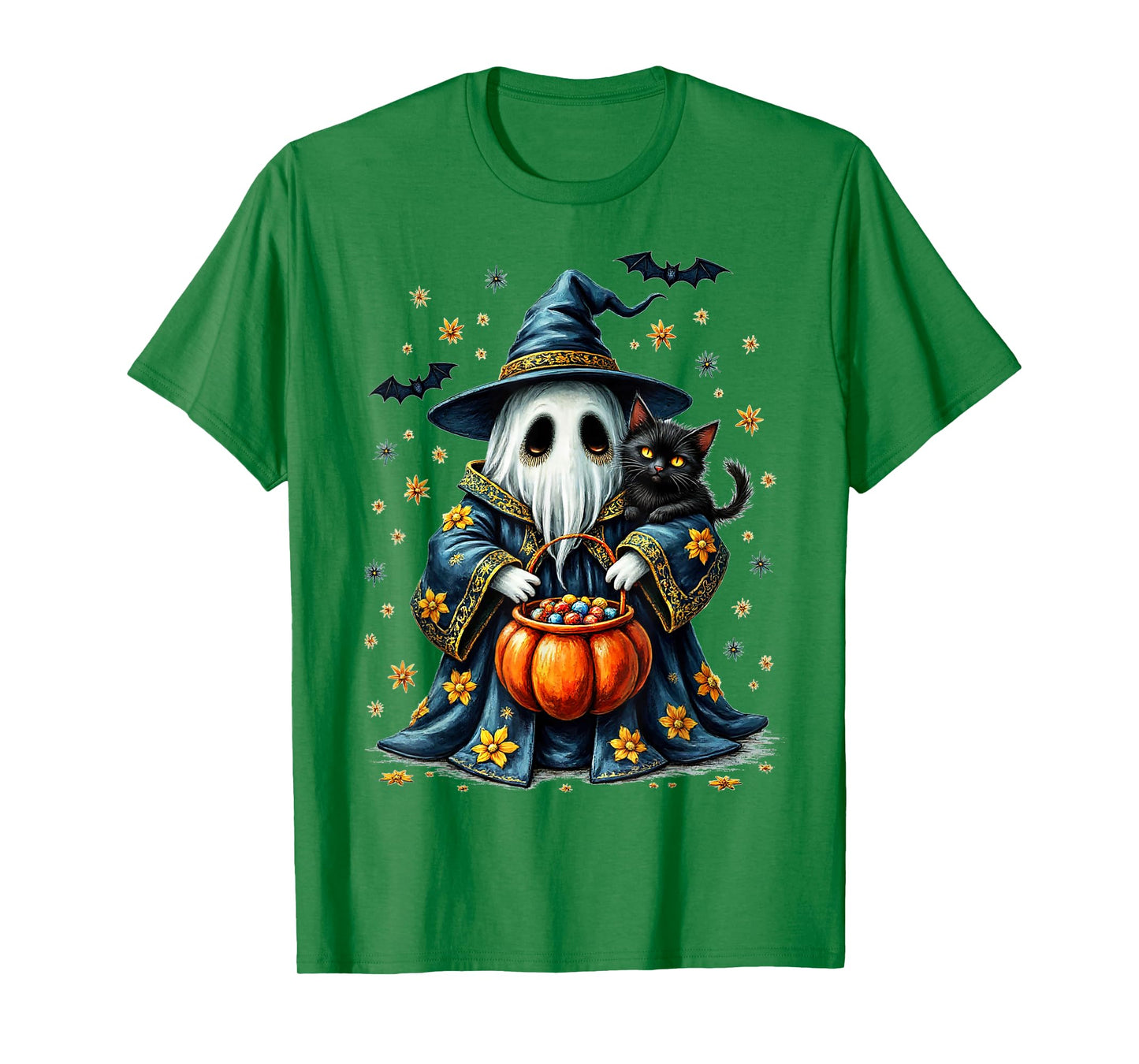 Ghost Holding Black Cat Lover Halloween 2025 Groovy Floral T-Shirt