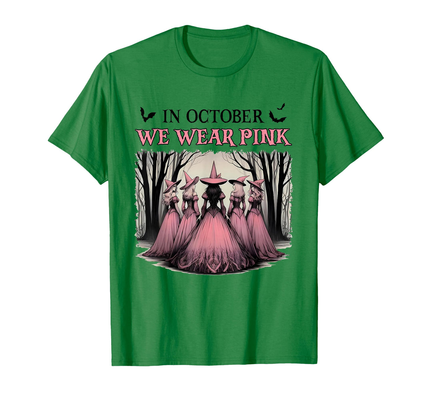 in October We Wear Pink Halloween Salem Witch Breast Cancer T-Shirt
