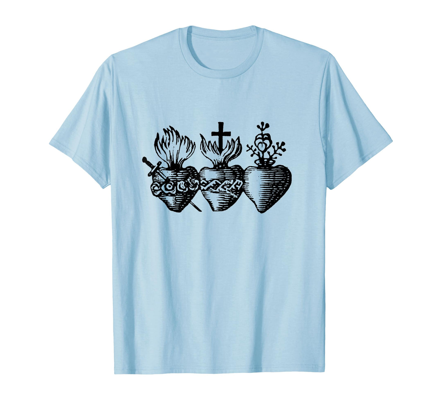 Sacred Hearts of Jesus Mary and Joseph Catholic Etching T-Shirt