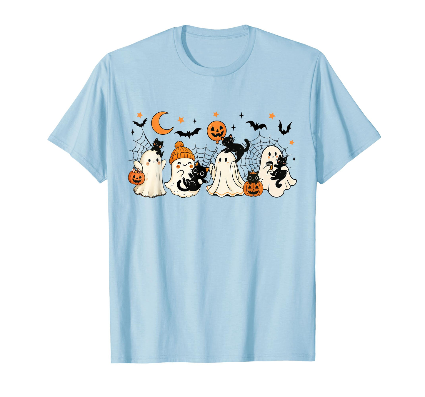 Vintage Halloween Ghost and Black Cat Spooky Season Pumpkin T-Shirt
