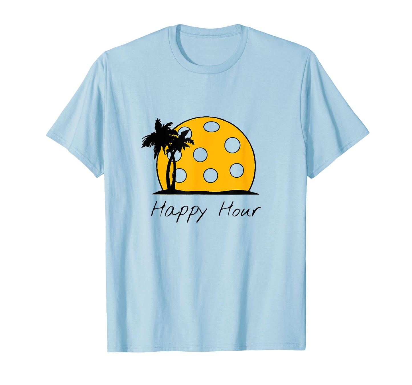 Fun Pickleball Shirts, HAPPY HOUR w/ huge Pickleball sunset T-Shirt