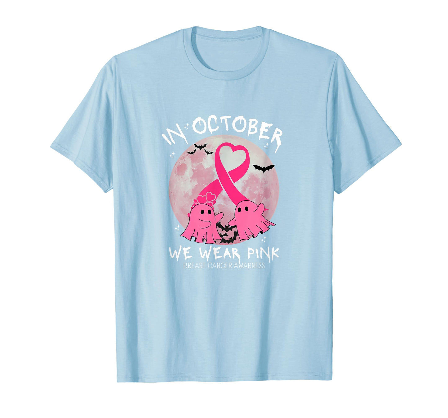 in October We Wear Pink Ghost Witch Breast Cancer Awareness T-Shirt