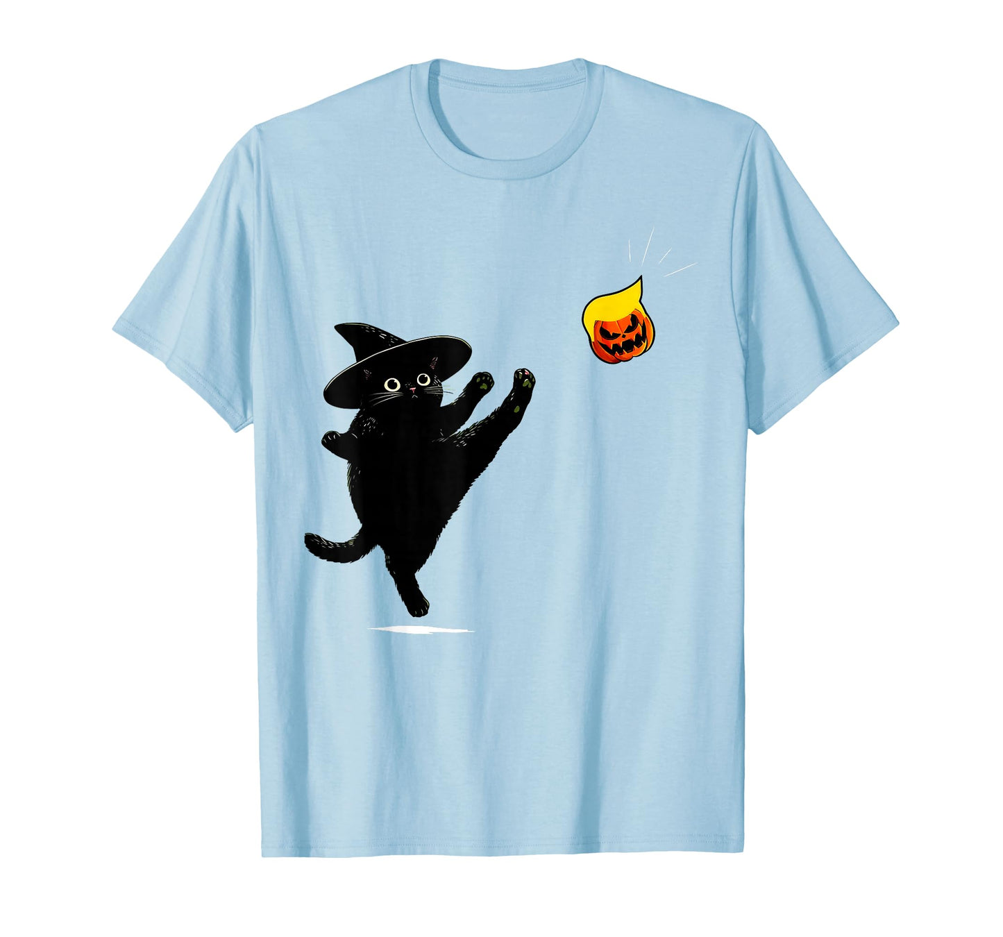 Black Cat Witch Kicking Pumpkin Funny Halloween T-Shirt
