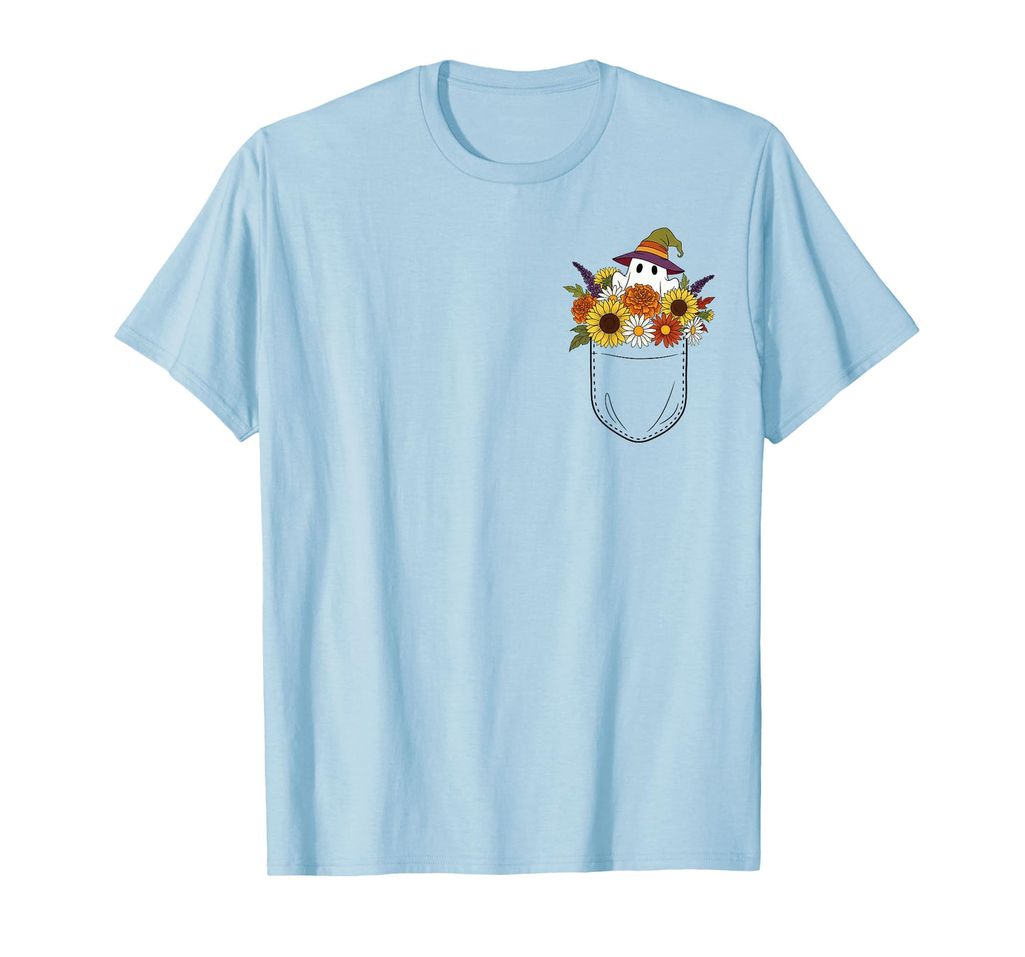 Cute Floral Pocket Ghost in Bouquet of Autumn Flowers T-Shirt