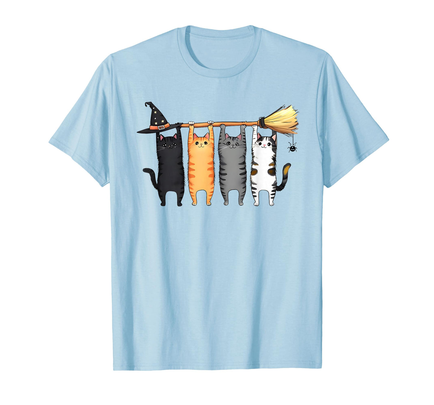 Cute Halloween Tabby Cat Witch Hat Broom T-Shirt