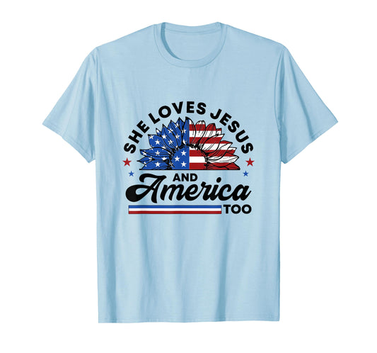 She Loves Jesus And America Too Christian Women US Sunflower T-Shirt