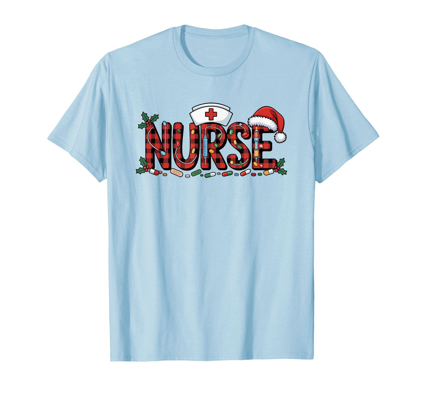 Christmas Nurse Buffalo Plaid Santa Hat Christmas Lights T-Shirt