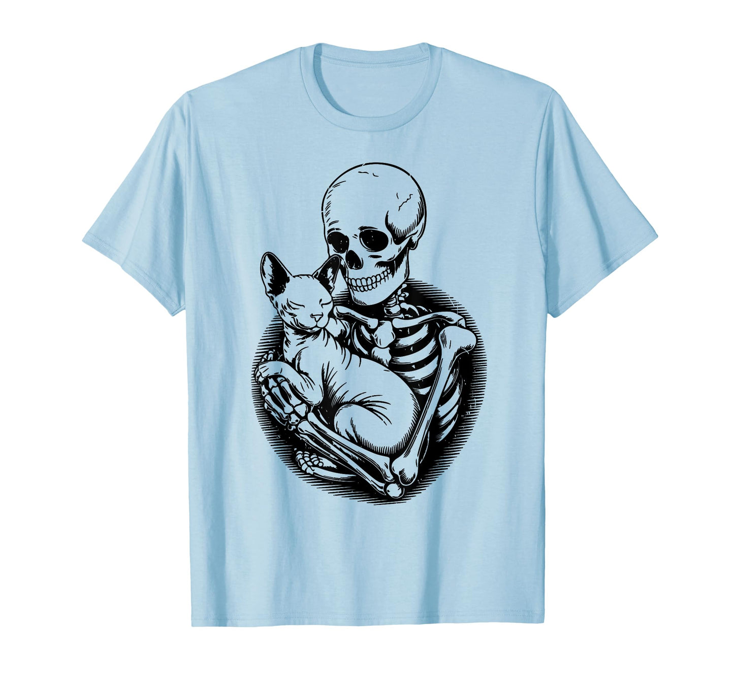Skeleton Hugging Sphynx Cat Halloween Funny Mom Dad Vintage T-Shirt