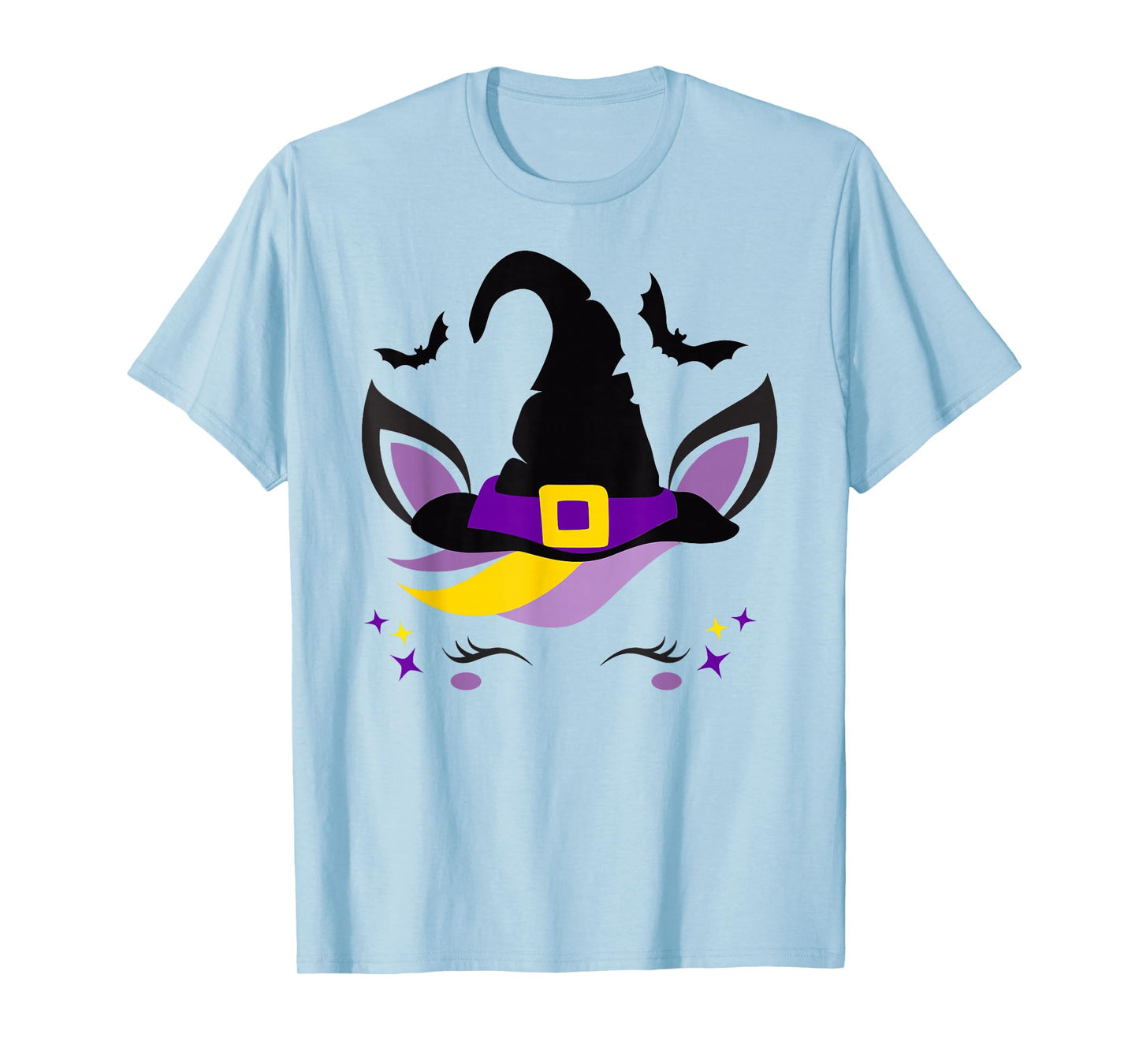 Unicorn Face Eyelashes Bat Scary Witch Hat Halloween Costume T-Shirt