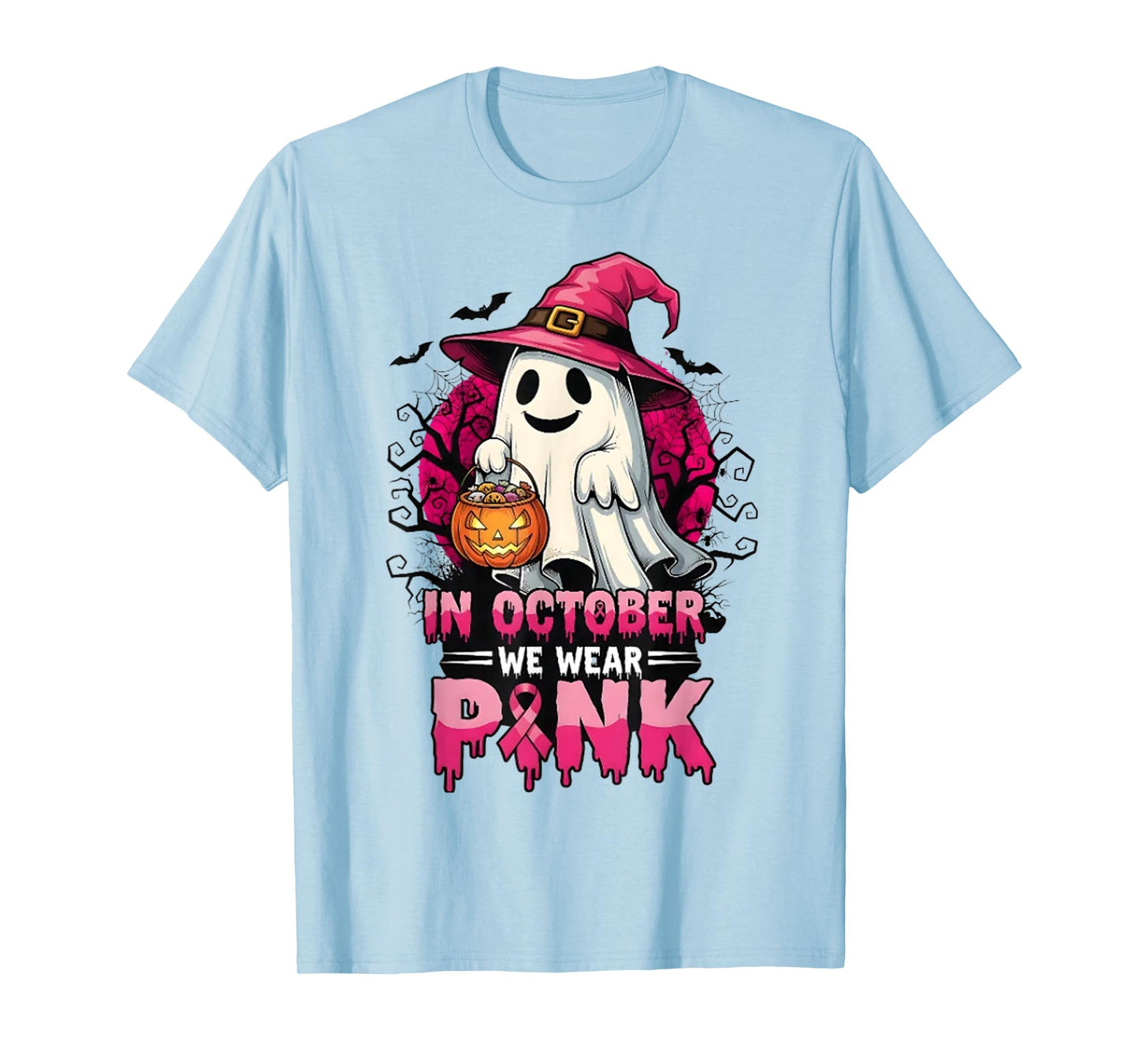 in October We Wear Pink Ghost Witch Breast Cancer Awareness T-Shirt