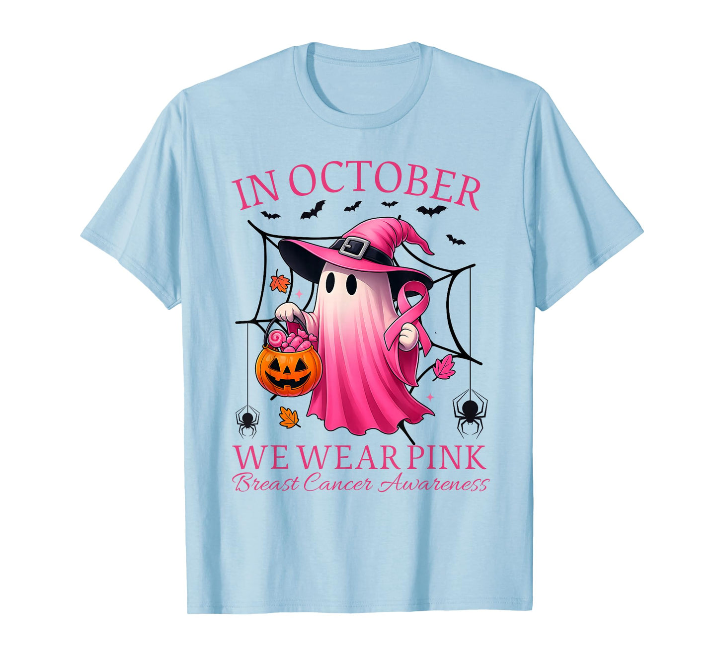 in October We Wear Pink Ghost Witch Breast Cancer Awareness T-Shirt