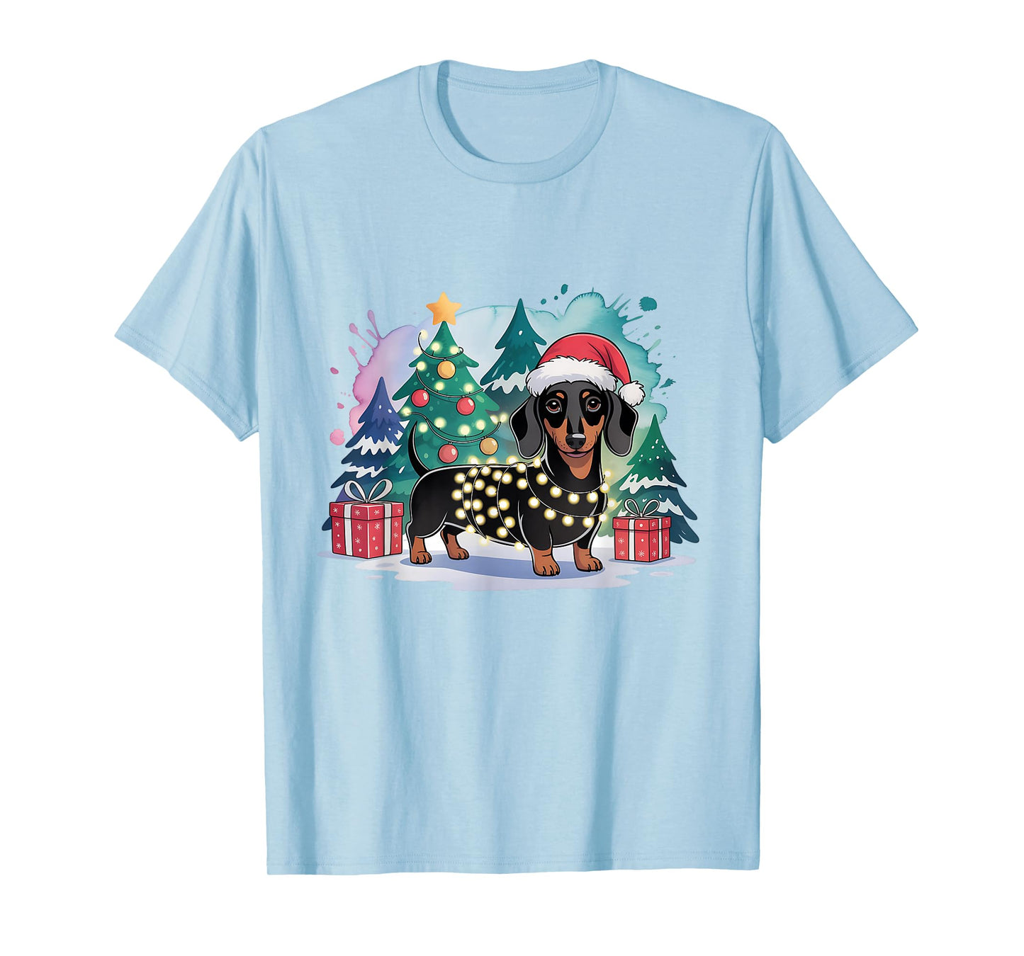 Cute Festive Dachshund Dog Santa Hat Christmas Tree Lights T-Shirt
