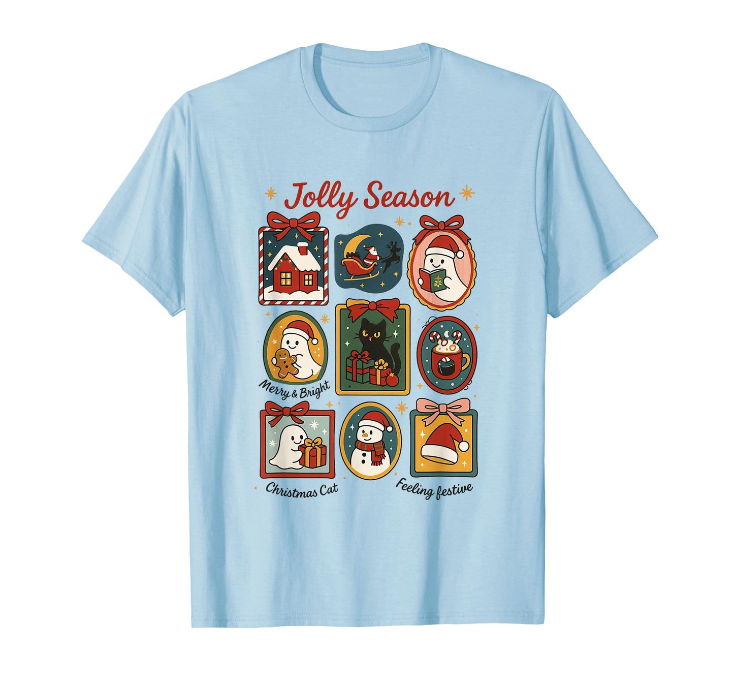 Jolly Season Ghost Cat Santa Christmas Frame Merry & Bright T-Shirt