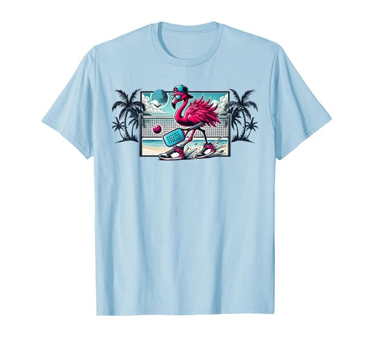 Flamingo Pickleball Beach Tropical Palm Trees Pickleball Fun T-Shirt