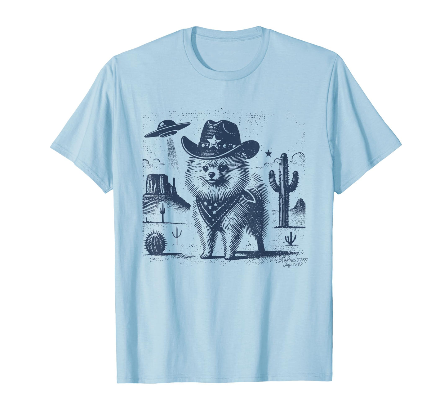 Pomeranian Cowboy Dog Vintage UFO Wild Western Desert Alien T-Shirt