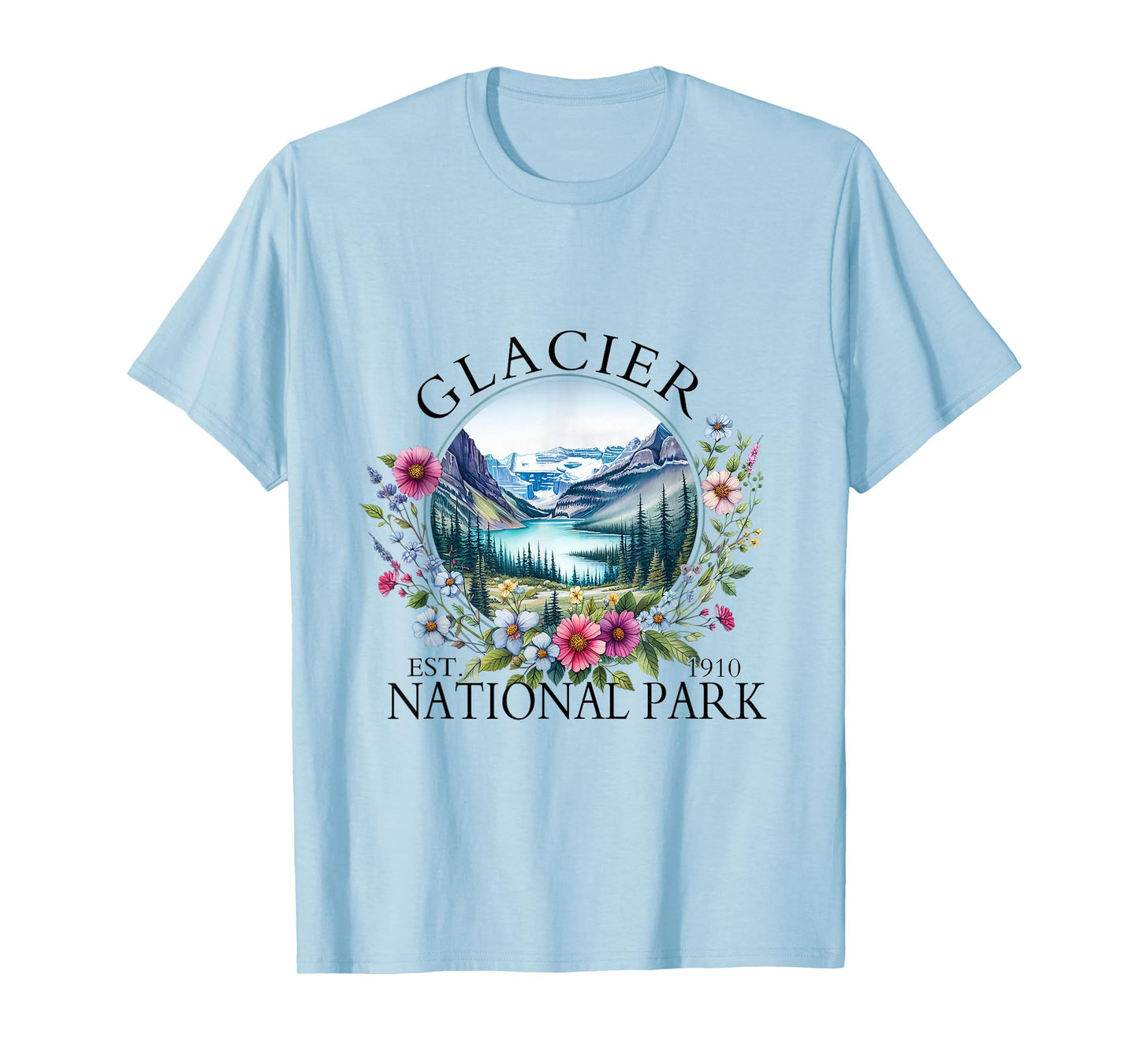 Retro Floral Glacier National Park Hiking Camping Outdoor T-Shirt