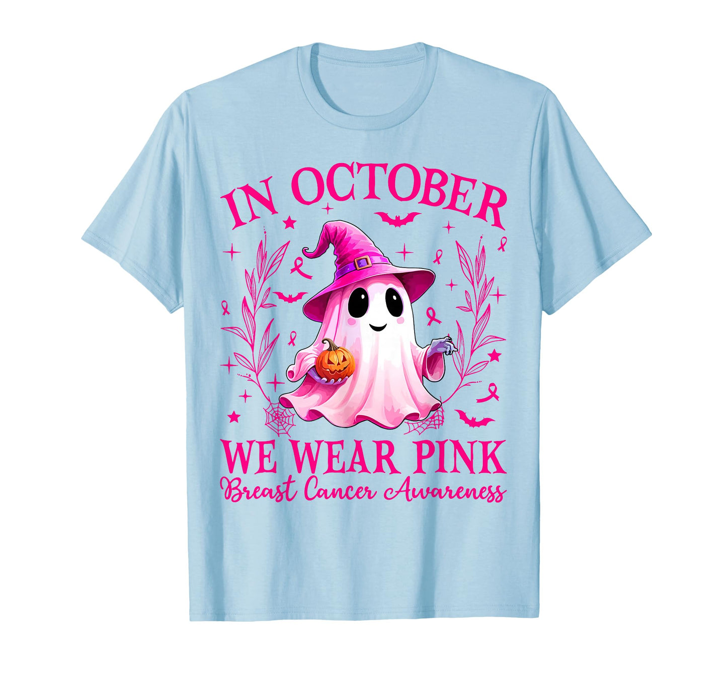 in October We Wear Pink Ghost Witch Breast Cancer Awareness T-Shirt
