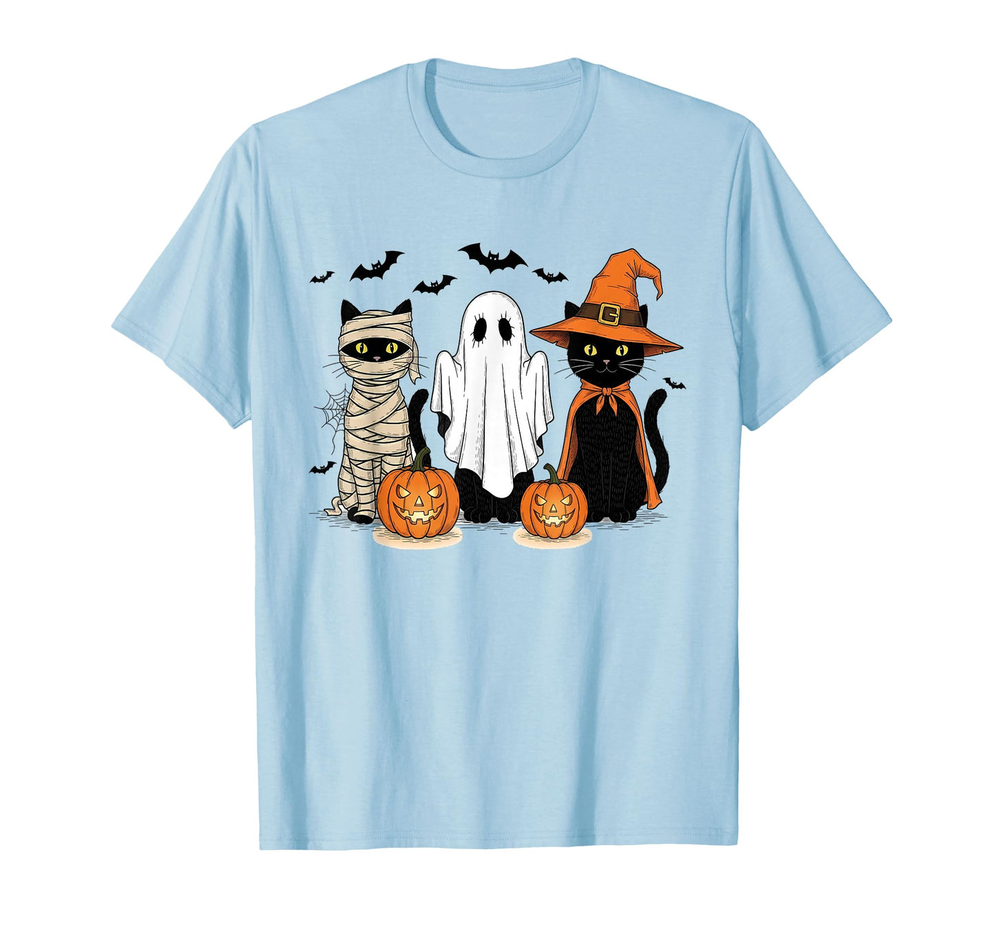 Retro Black Cat Witch Scary Halloween Pumpkin Women Men Kids T-Shirt