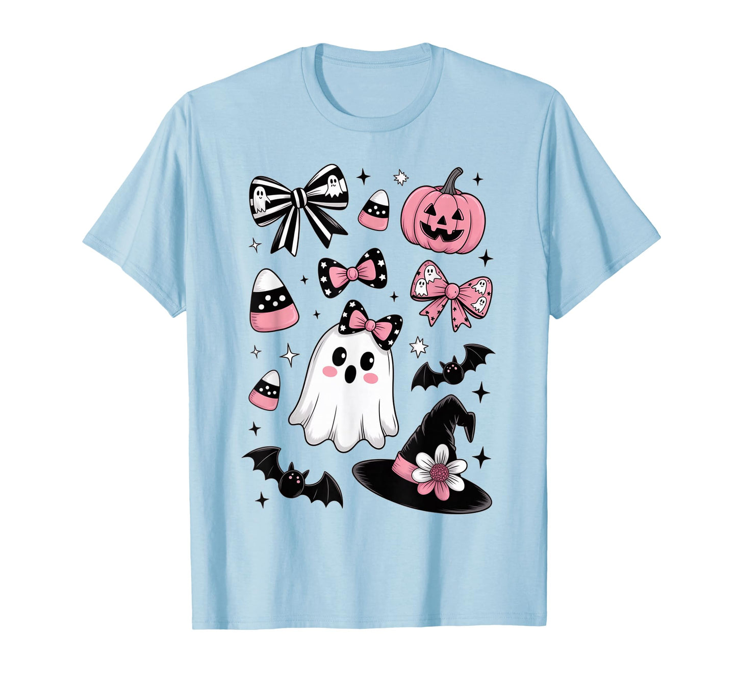 Pink Halloween Doodles Ghost Witch Bow Bats Candy Kids Girls T-Shirt