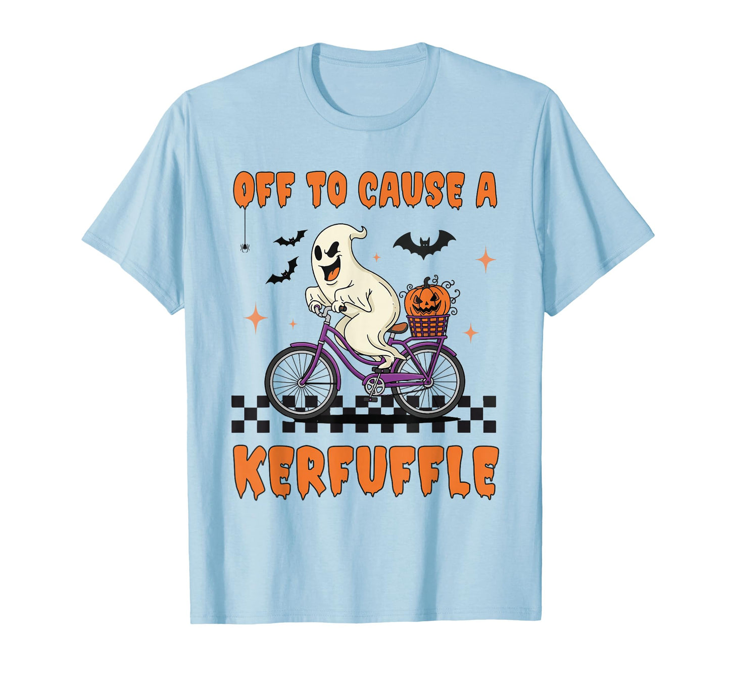Off to Cause a Kerfuffle Scary Ghost Riding Bike Halloween T-Shirt