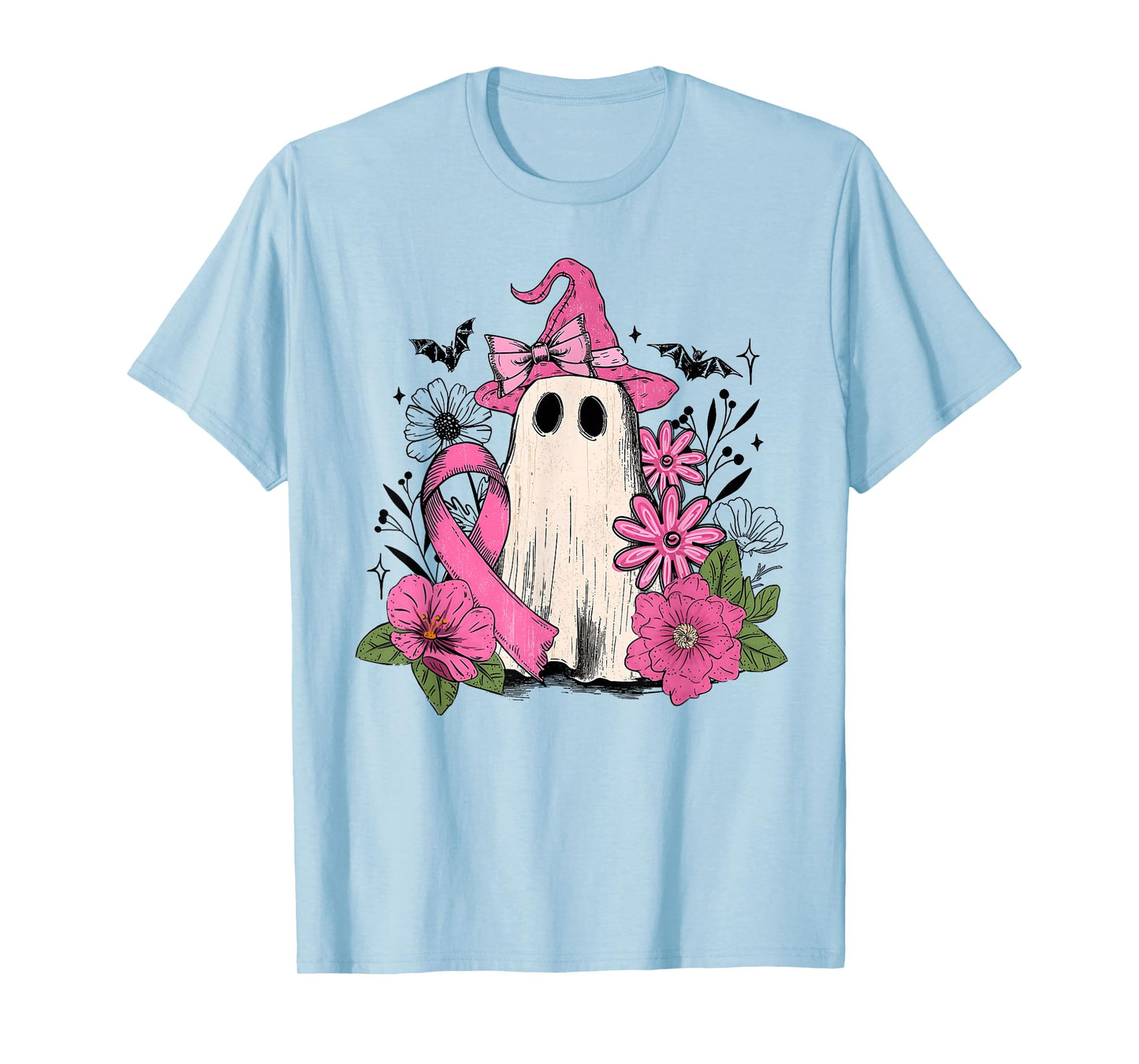 Pink Ribbon Floral Ghost Witch Breast Cancer Awareness T-Shirt