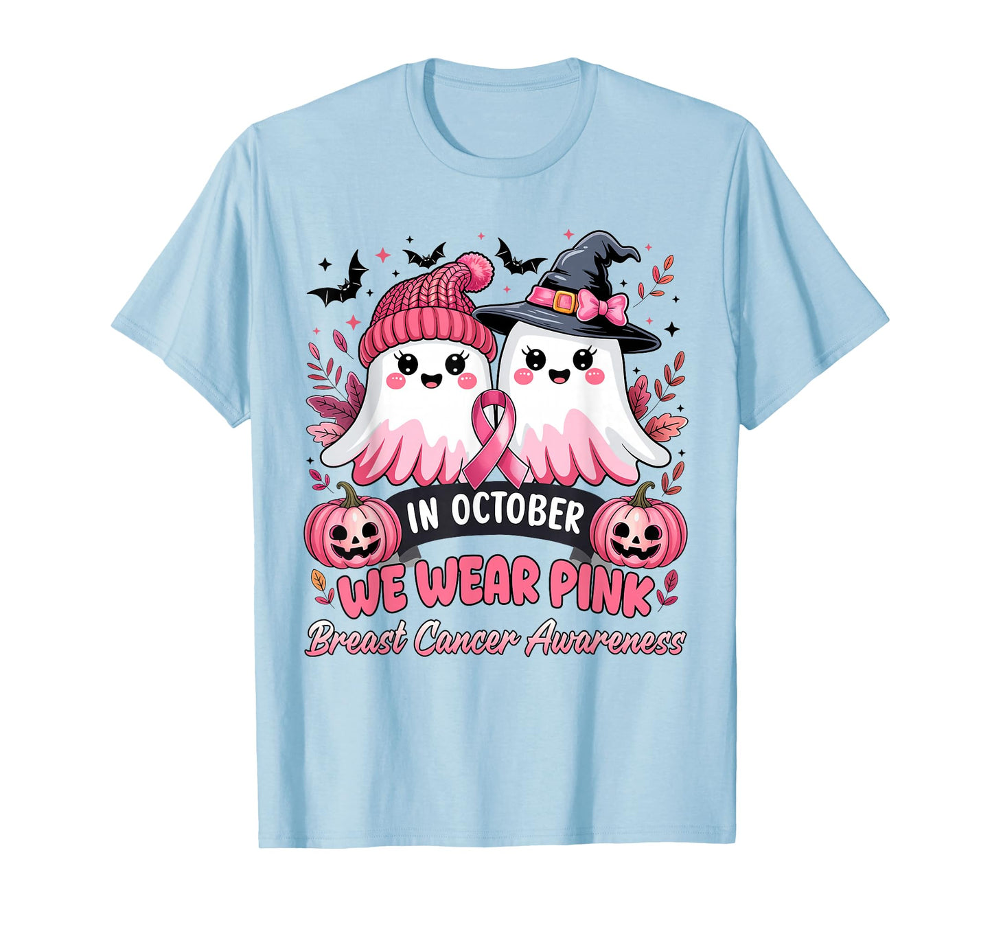 in October We Wear Pink Ghost Witch Breast Cancer Awareness T-Shirt