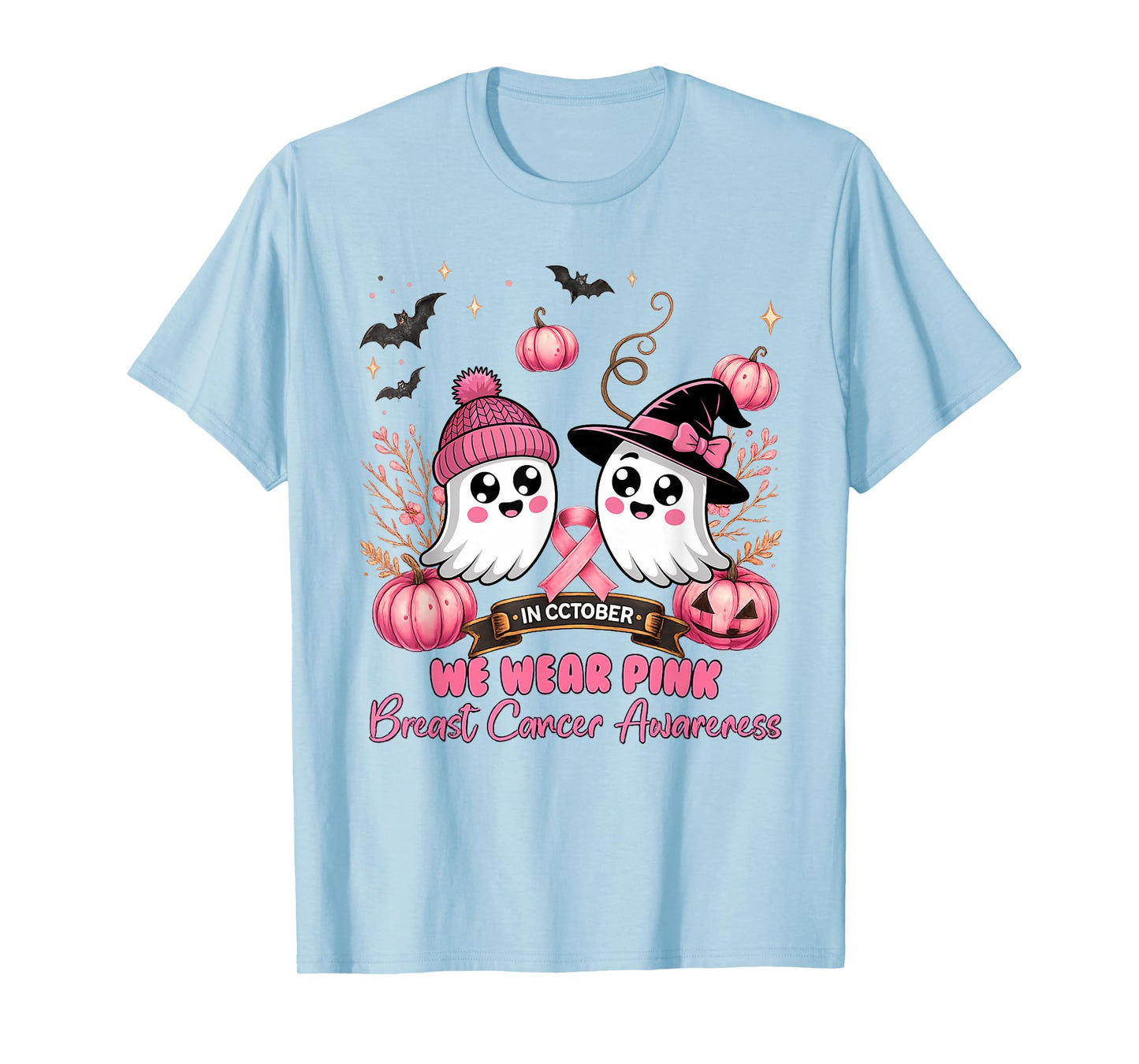 in October We Wear Pink Ghost Witch Breast Cancer Awareness T-Shirt