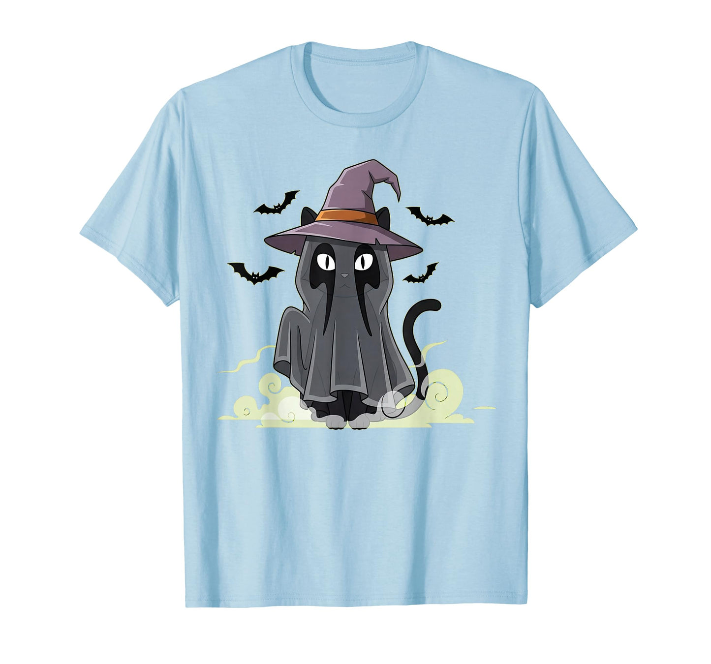 Cat Ghost Black Bats in Purple Witch Hat for Halloween T-Shirt