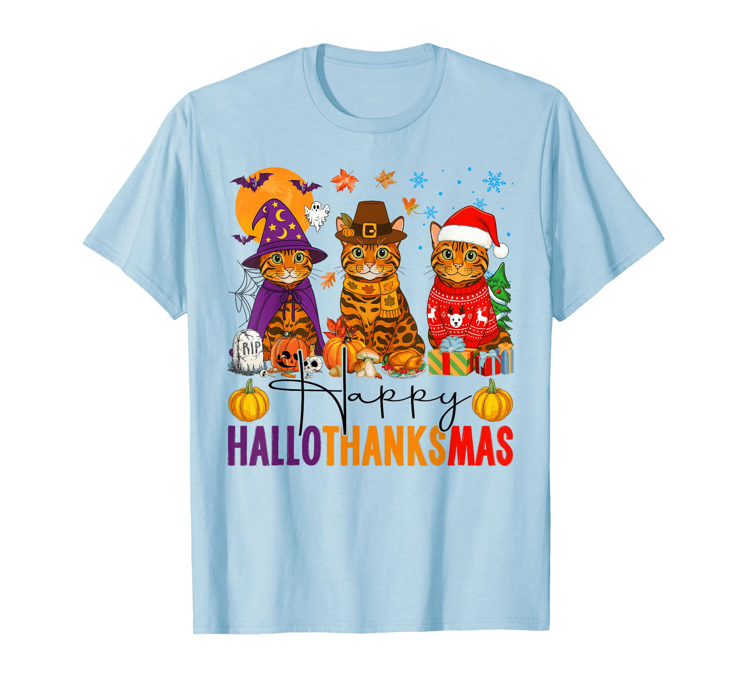 Happy Hallothanksmas Bengal Cats Halloween Thanksgiving Xmas T-Shirt