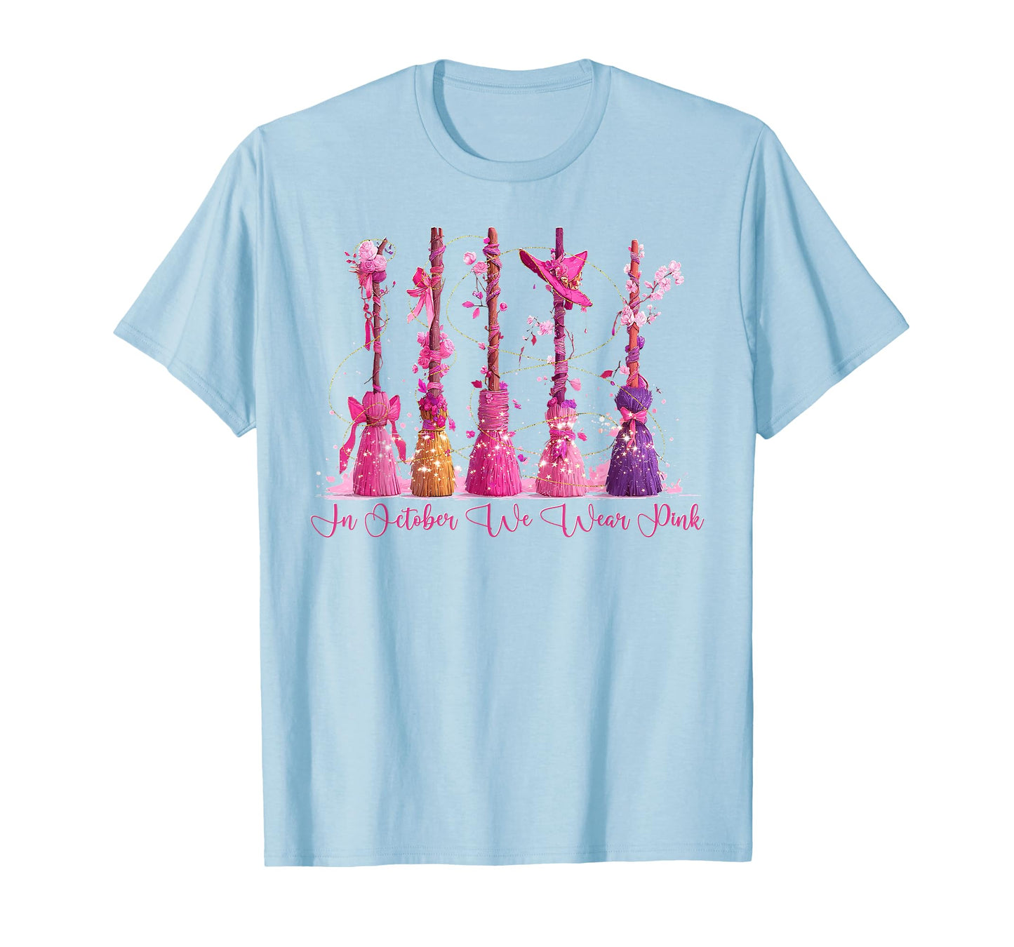in October We Wear Pink Witches Brooms Spooky Breast Cancer T-Shirt