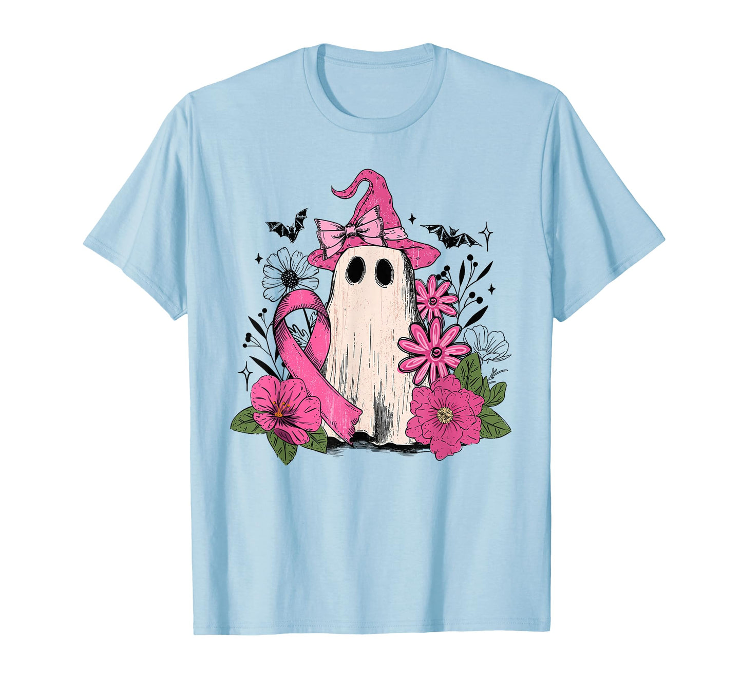 Retro Floral Pink Ghost Witch Breast Cancer Halloween Women T-Shirt