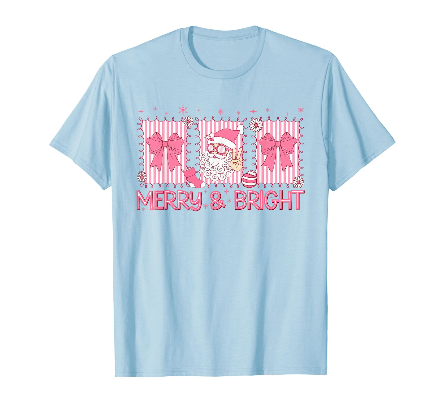 Merry and Bright Pink Coquette Santa Claus Bow Christmas T-Shirt