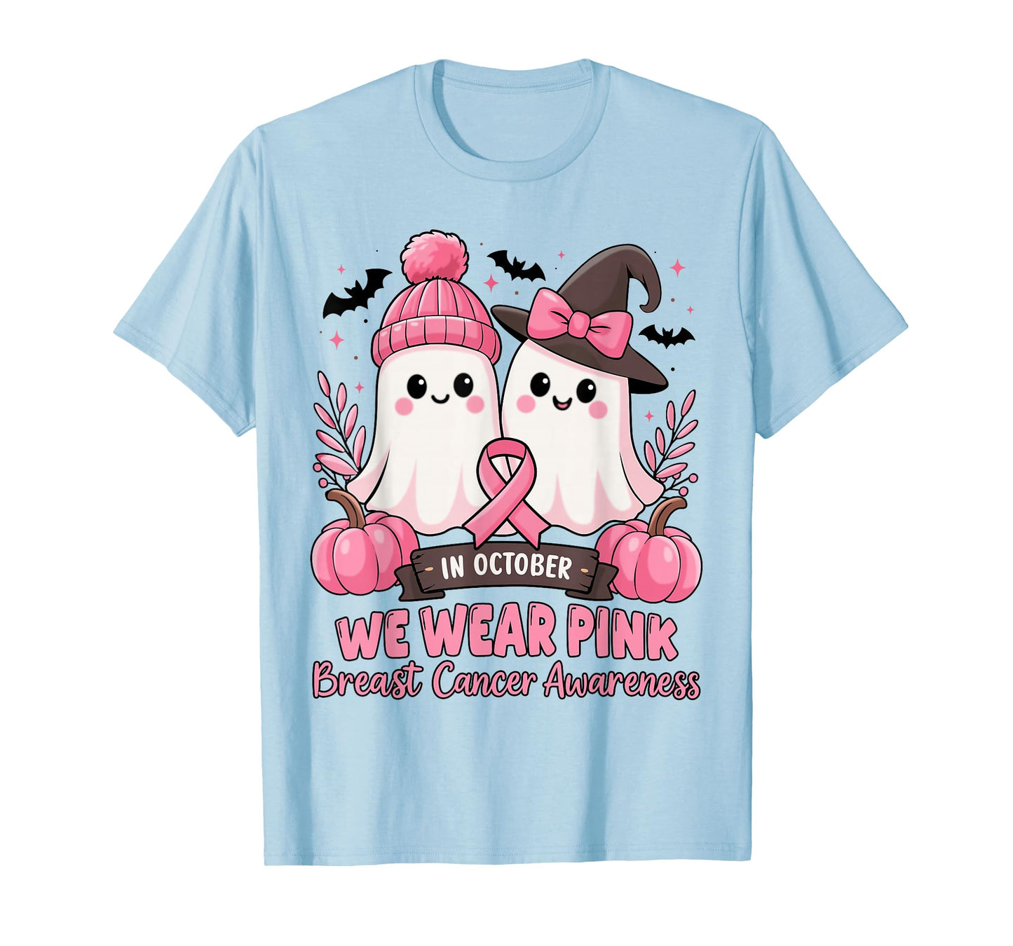 in October We Wear Pink Ghost Witch Breast Cancer Awareness T-Shirt